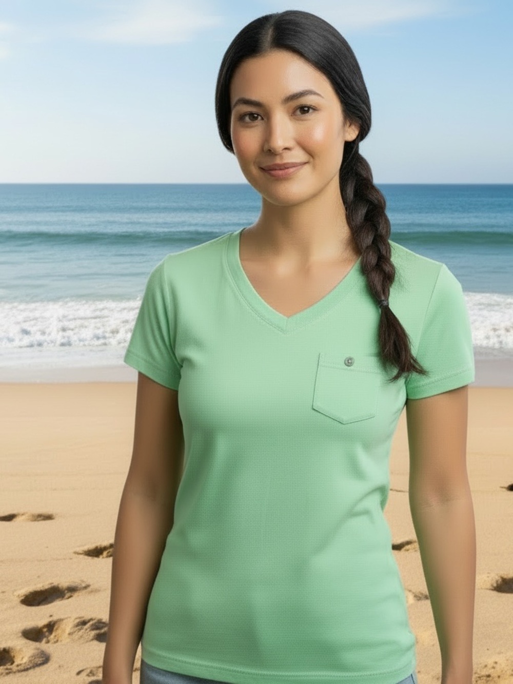 Fresh Produce Green V-Neck Pocket Women’s Tee Shirt